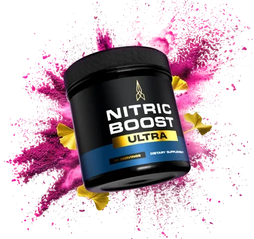 Nitric Boost Ultra dietary supplement bottle with vibrant powder splash background